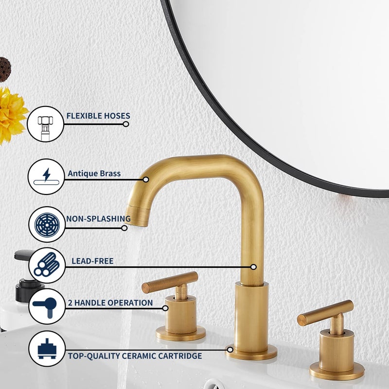 GGStudy 360Â° Swivel Spout 2 Handles 3 Holes 8inch Widespread Bathroom Sink Faucet Antique Brass Matching with Pop Up Drain Bathroom Vanity Faucet - Image 5